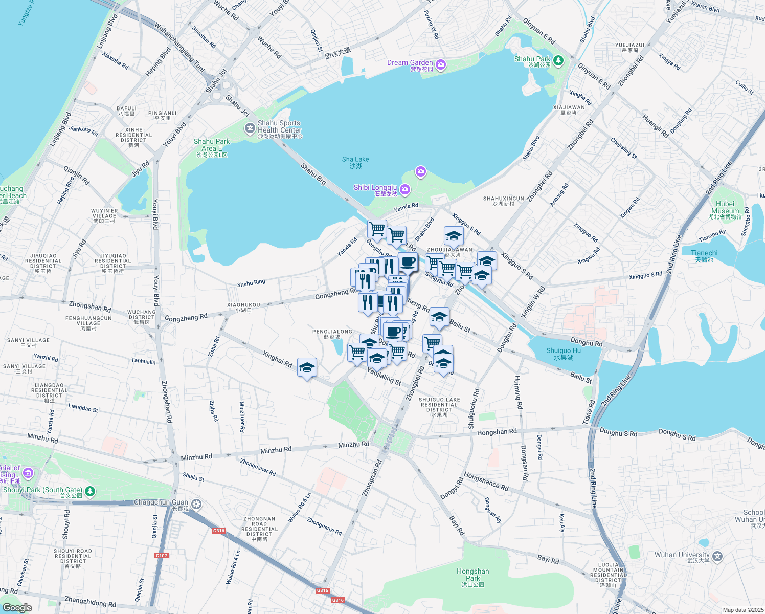 map of restaurants, bars, coffee shops, grocery stores, and more near Sha Hu Da Dao in Wu Han Shi