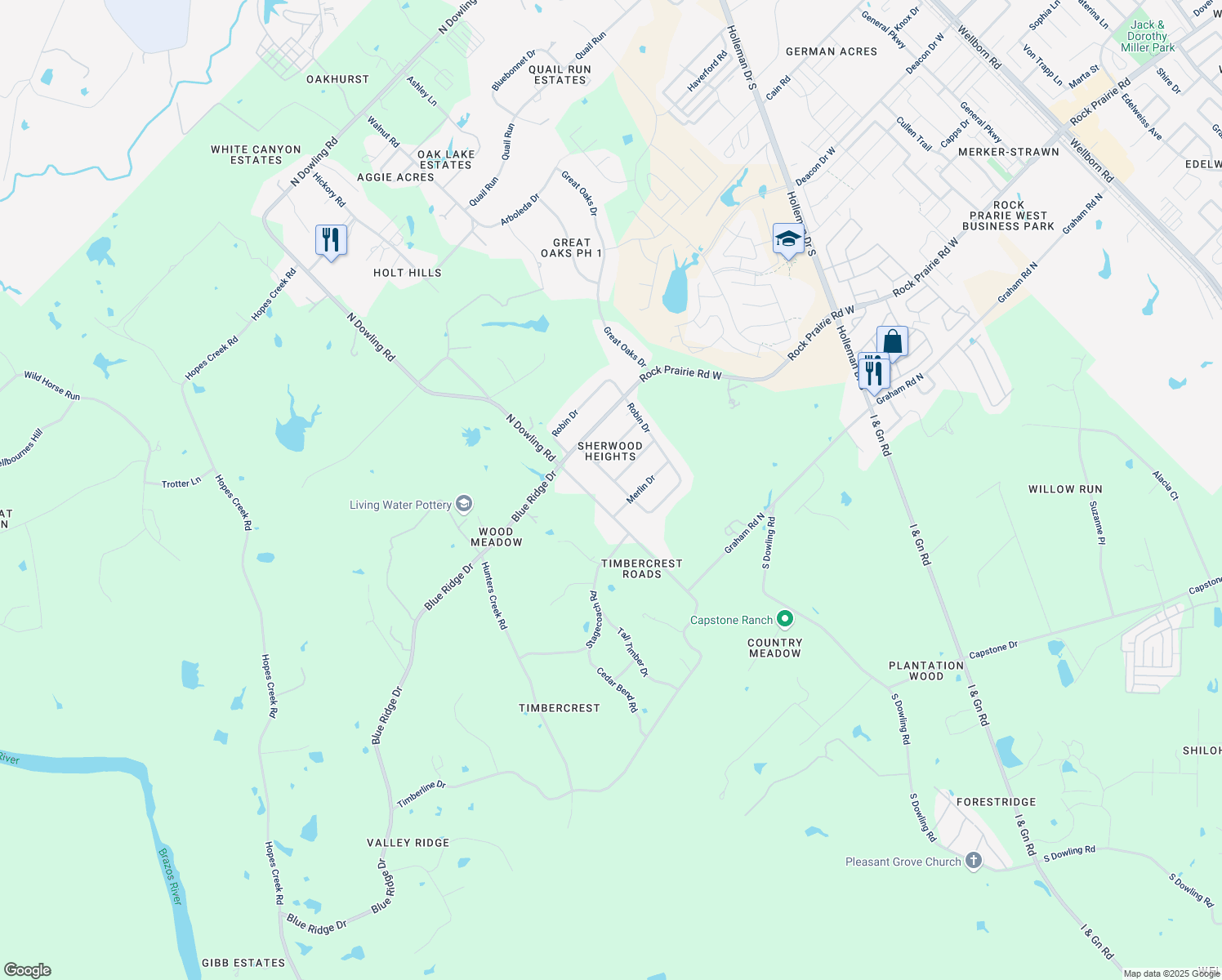 map of restaurants, bars, coffee shops, grocery stores, and more near 12959 Robin Drive in College Station