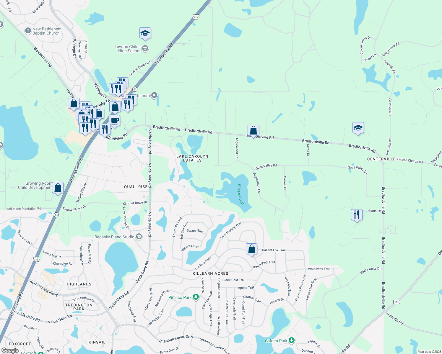 map of restaurants, bars, coffee shops, grocery stores, and more near 4407 Cripple Creek Drive in Tallahassee