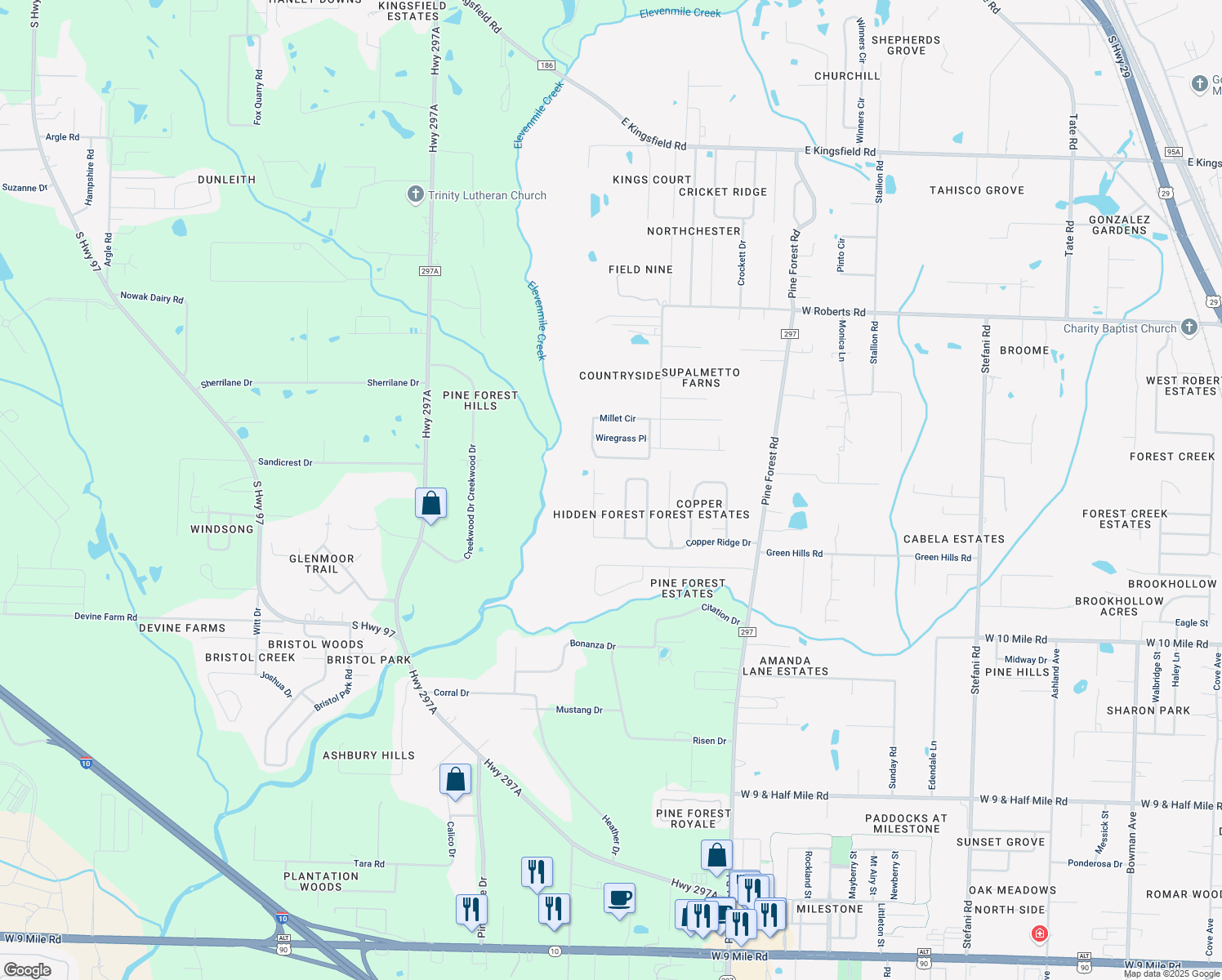 map of restaurants, bars, coffee shops, grocery stores, and more near 866 Copper Ridge Place in Gonzalez