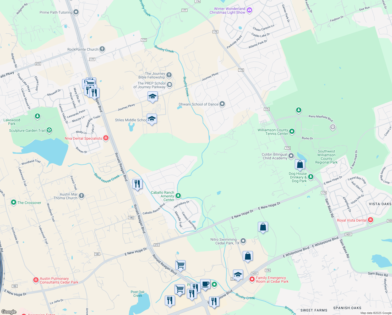 map of restaurants, bars, coffee shops, grocery stores, and more near 3320 Vaquero Lane in Leander