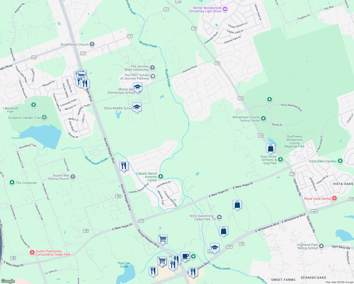 map of restaurants, bars, coffee shops, grocery stores, and more near 3320 Vaquero Lane in Leander