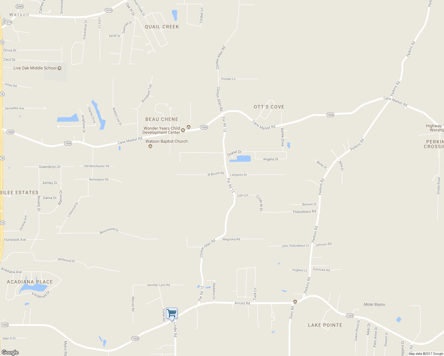 map of restaurants, bars, coffee shops, grocery stores, and more near 33585 Clinton Allen Road in Denham Springs