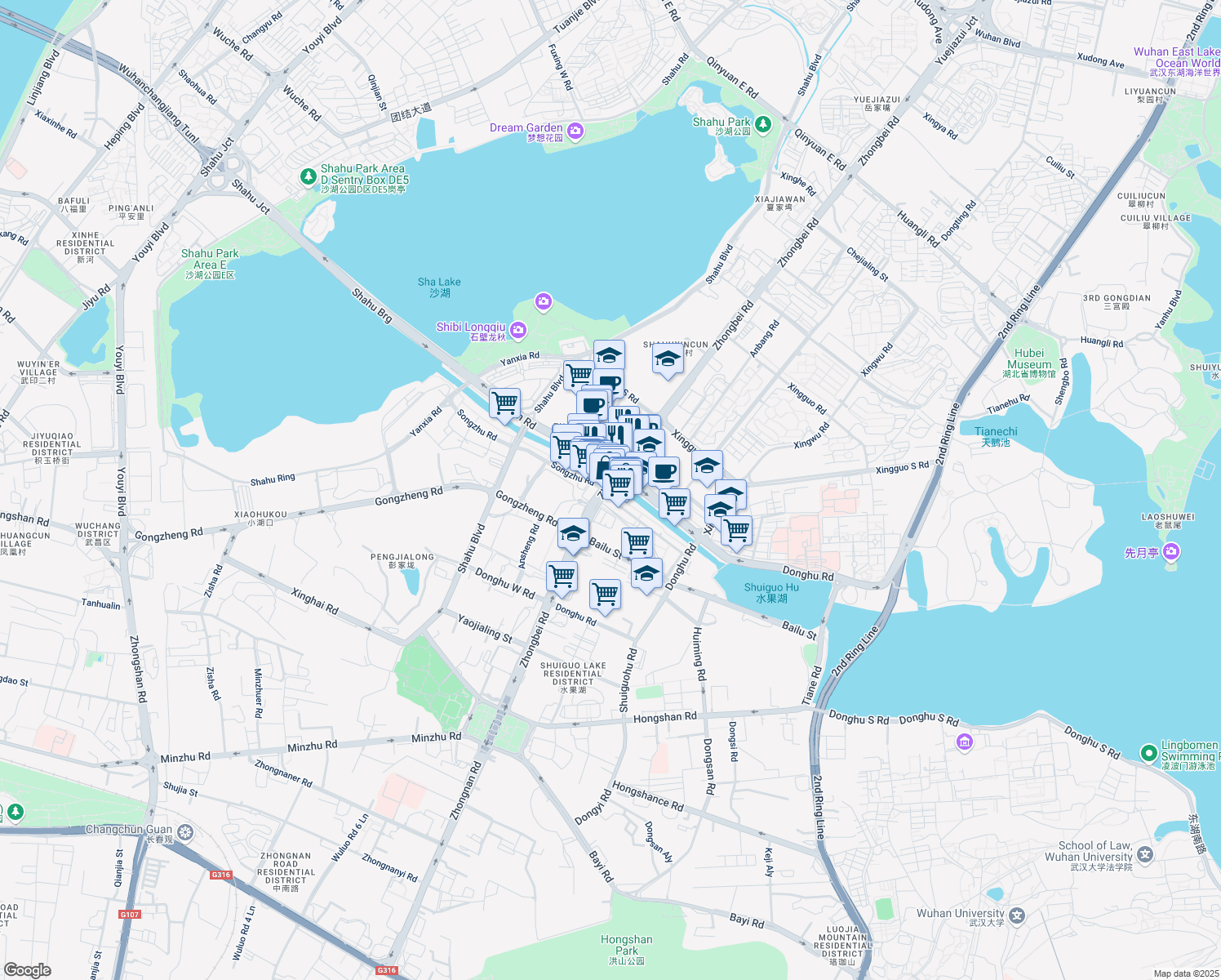 map of restaurants, bars, coffee shops, grocery stores, and more near 45 Han Jie in Wu Han Shi