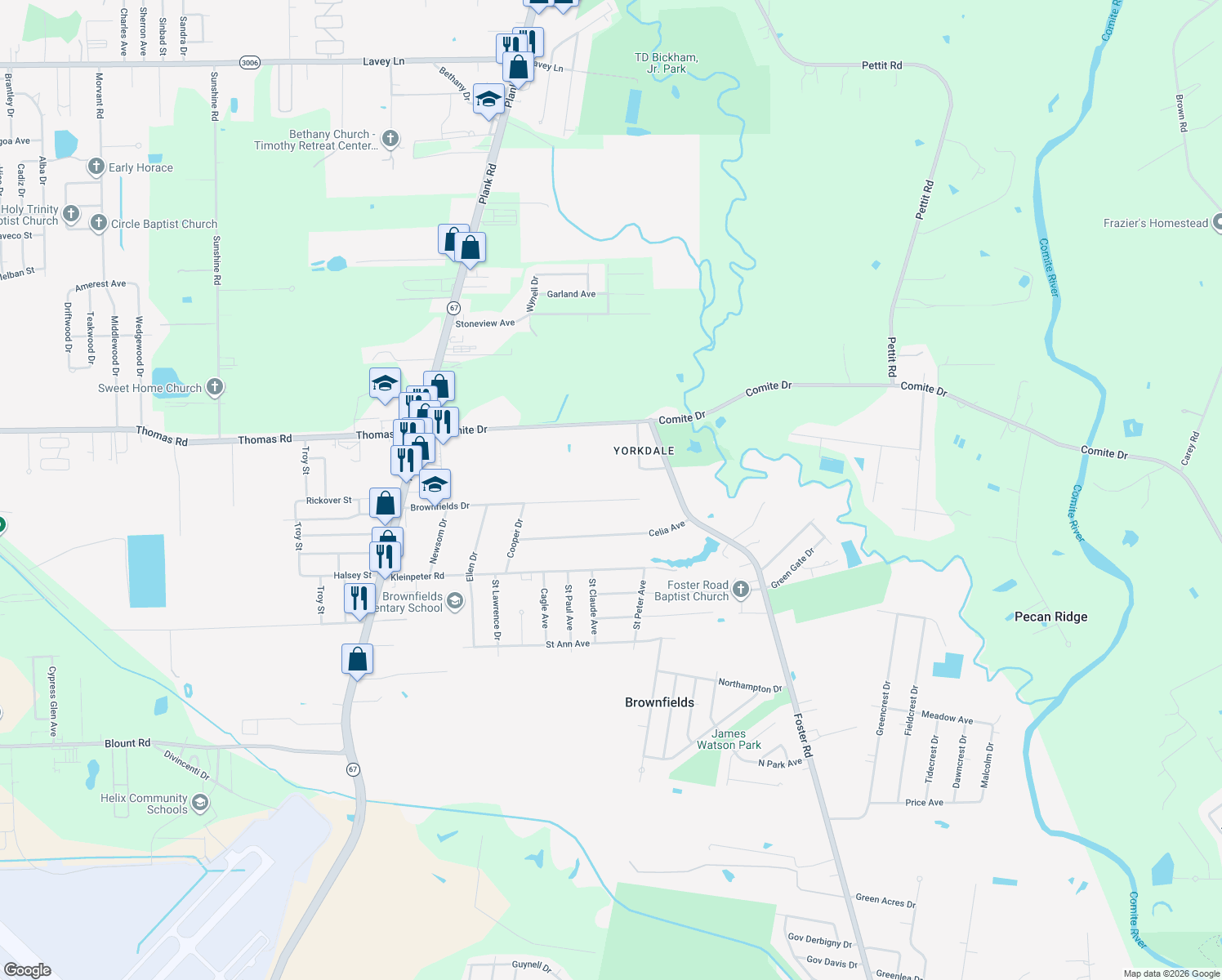 map of restaurants, bars, coffee shops, grocery stores, and more near 6567 Brownfields Drive in Baton Rouge