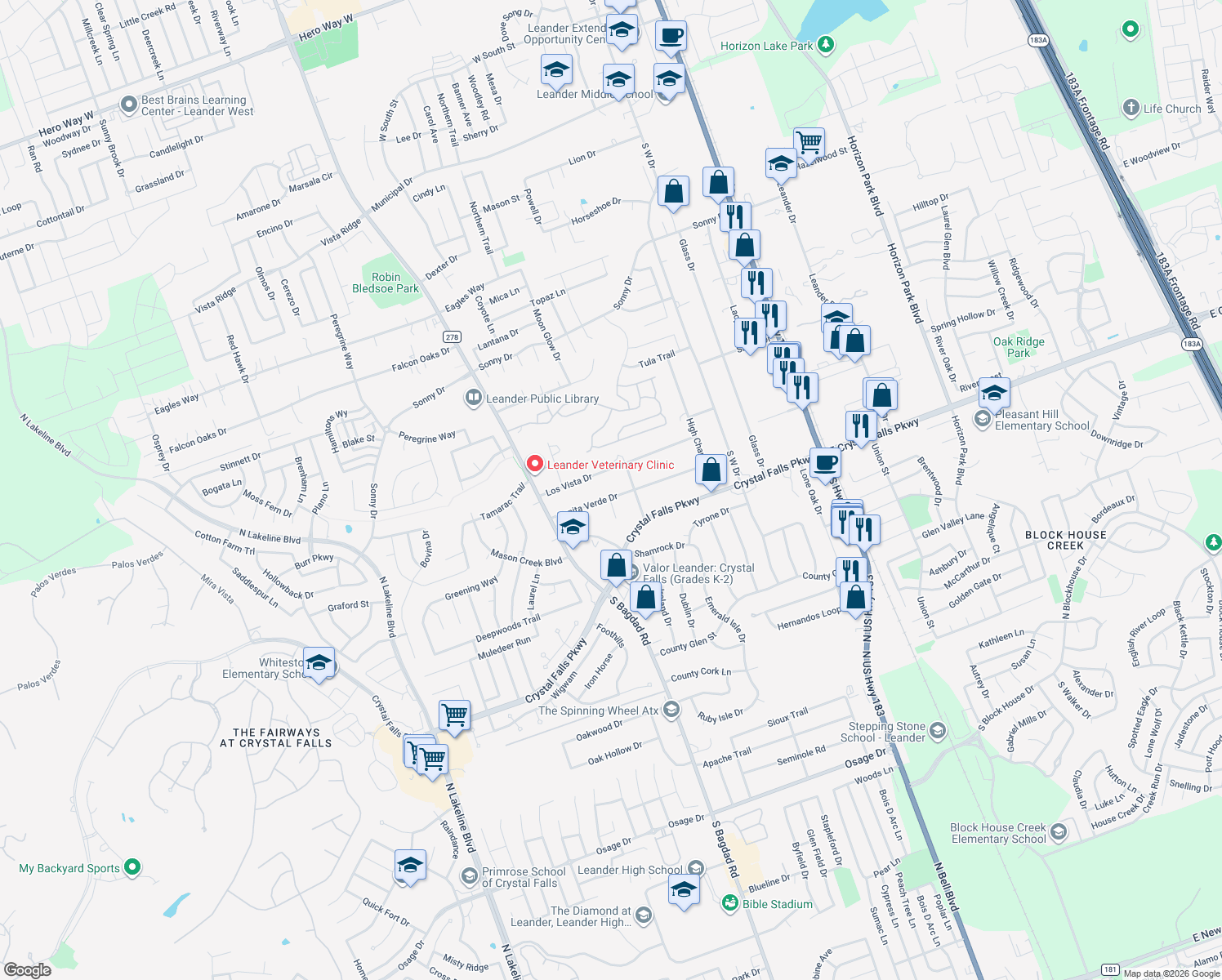 map of restaurants, bars, coffee shops, grocery stores, and more near 807 Bonita Verde Drive in Leander