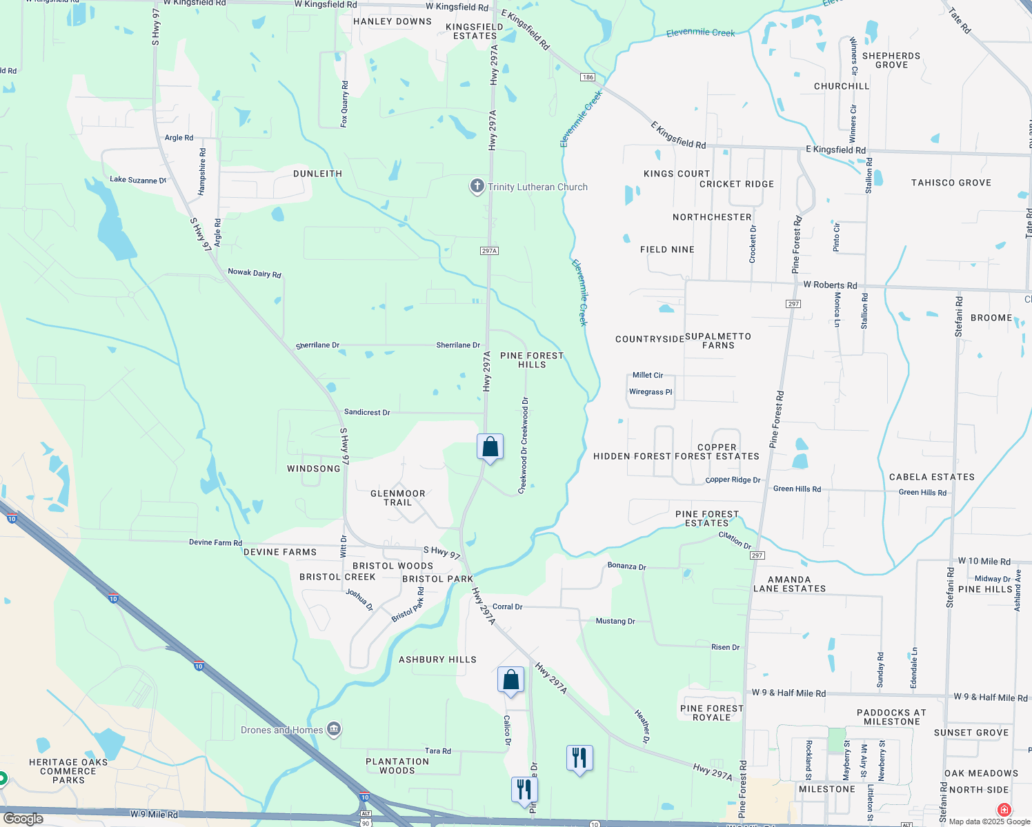 map of restaurants, bars, coffee shops, grocery stores, and more near 3039 Creekwood Drive in Escambia County