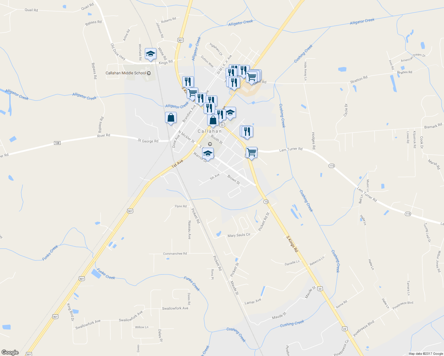 map of restaurants, bars, coffee shops, grocery stores, and more near 45177 Brown Street in Callahan