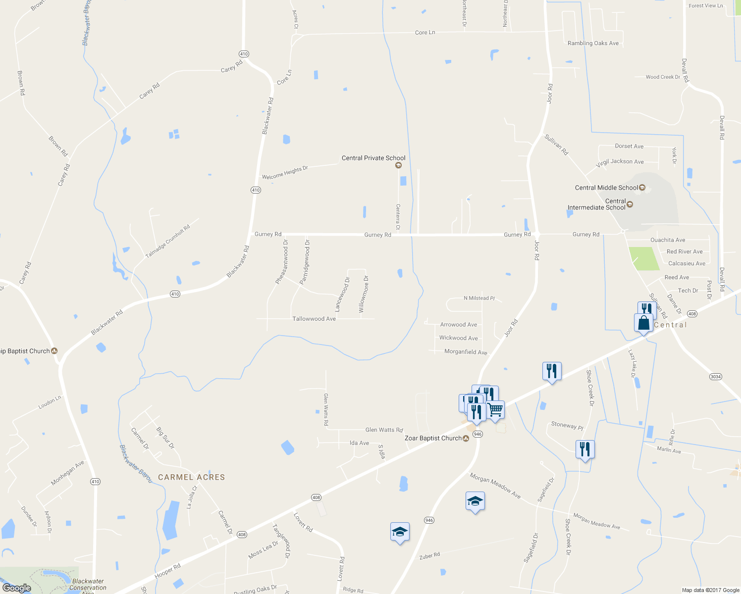 map of restaurants, bars, coffee shops, grocery stores, and more near 12118 Willowmore Drive in Baker