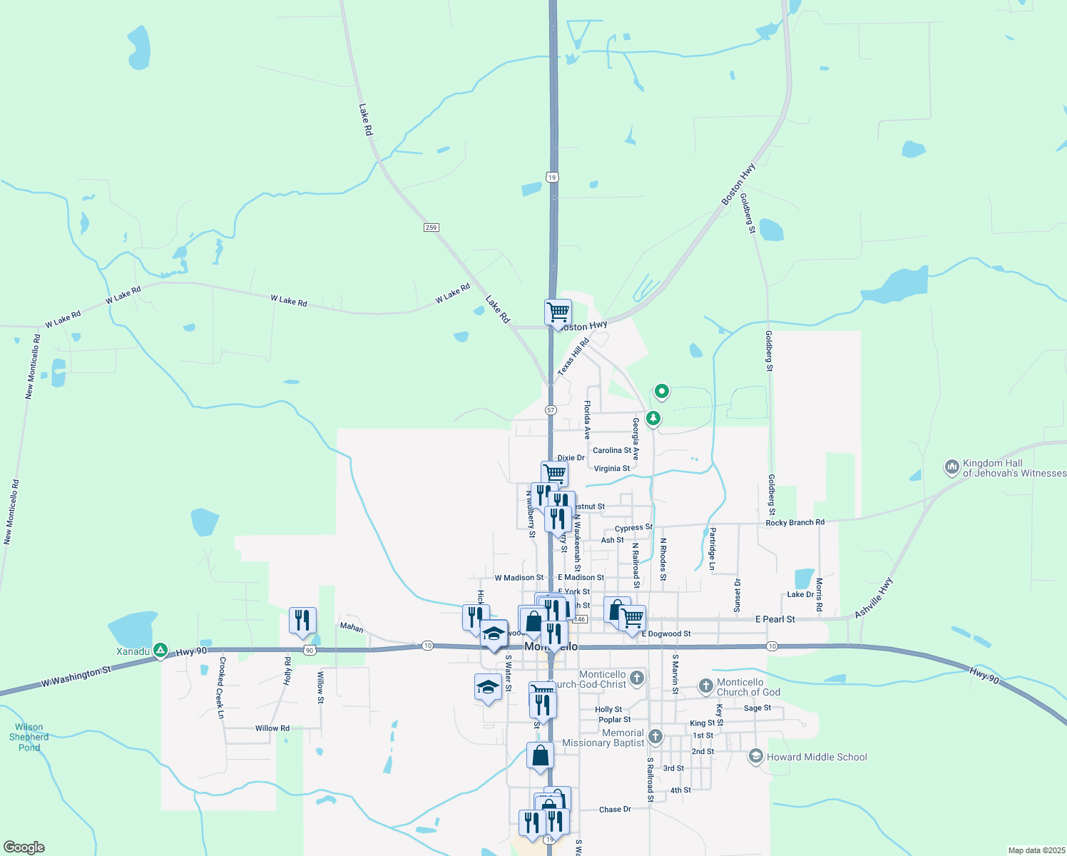 map of restaurants, bars, coffee shops, grocery stores, and more near 1340 Susanna Street in Monticello