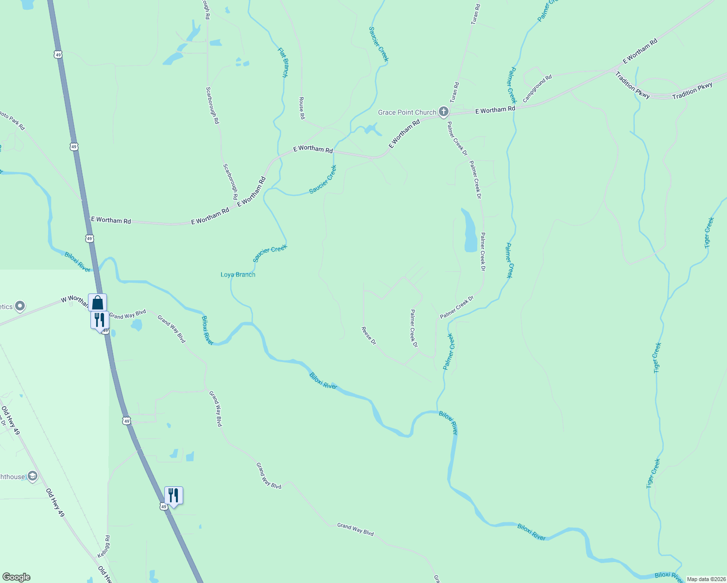 map of restaurants, bars, coffee shops, grocery stores, and more near 18988 Reese Dr in Saucier