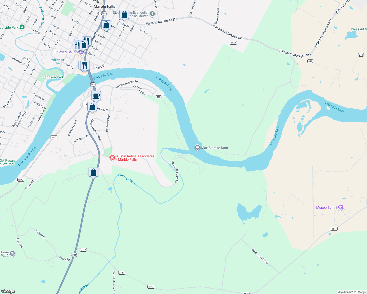 map of restaurants, bars, coffee shops, grocery stores, and more near 1450 Los Escondidos in Marble Falls