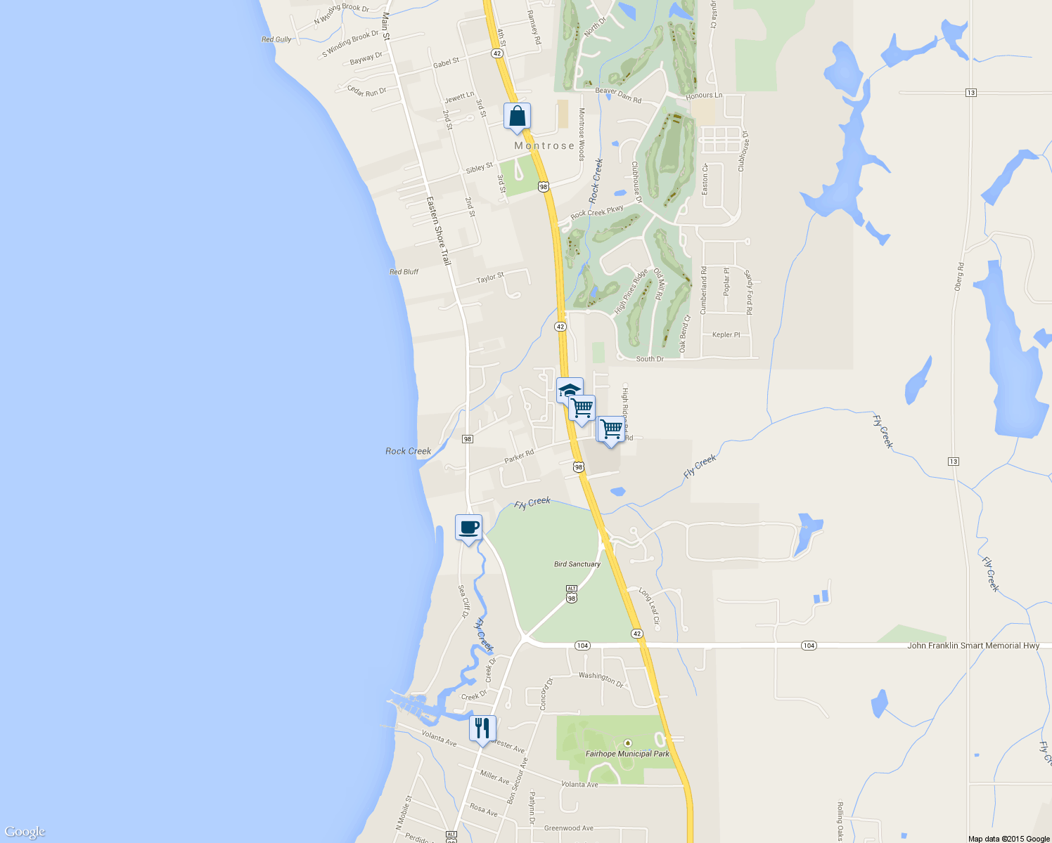 map of restaurants, bars, coffee shops, grocery stores, and more near 48 Viale Trentino in Fairhope