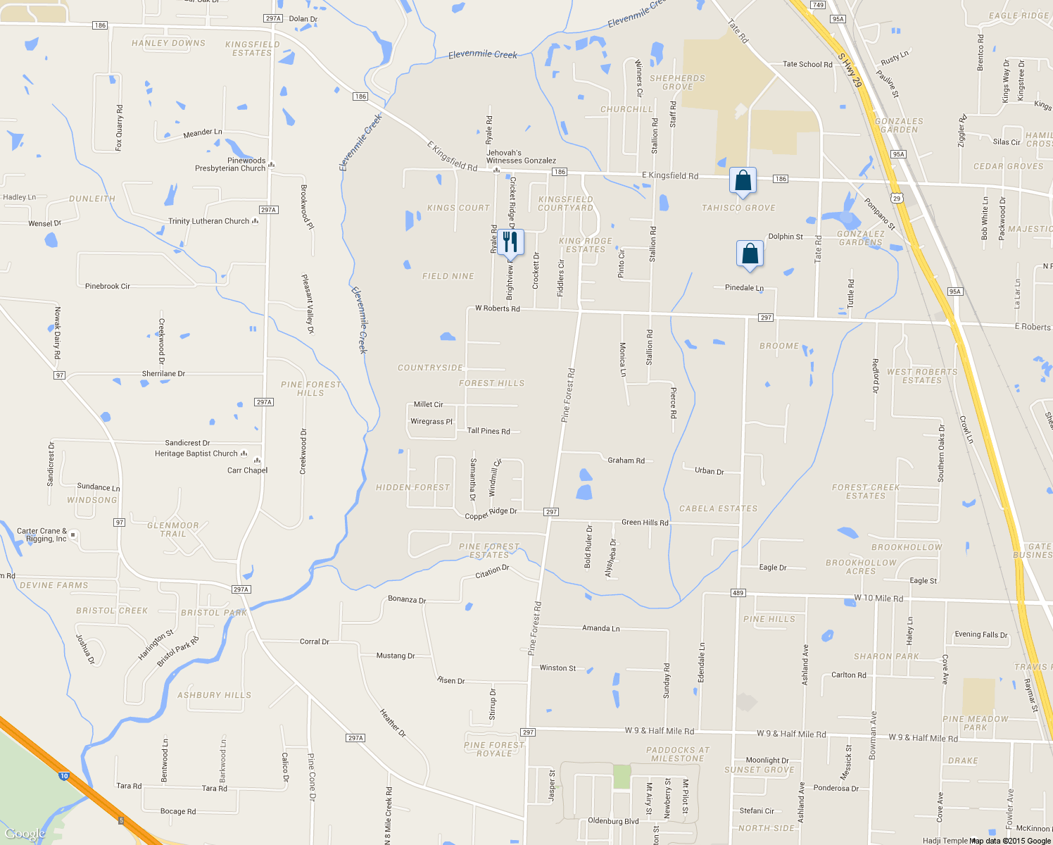 map of restaurants, bars, coffee shops, grocery stores, and more near 464 Tall Pines Road in Gonzalez