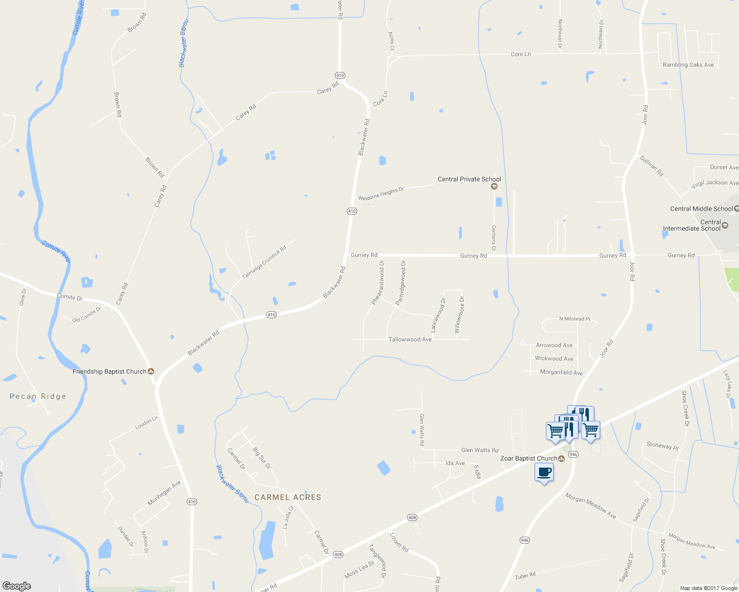map of restaurants, bars, coffee shops, grocery stores, and more near 12143 Pheasantwood Drive in Baker