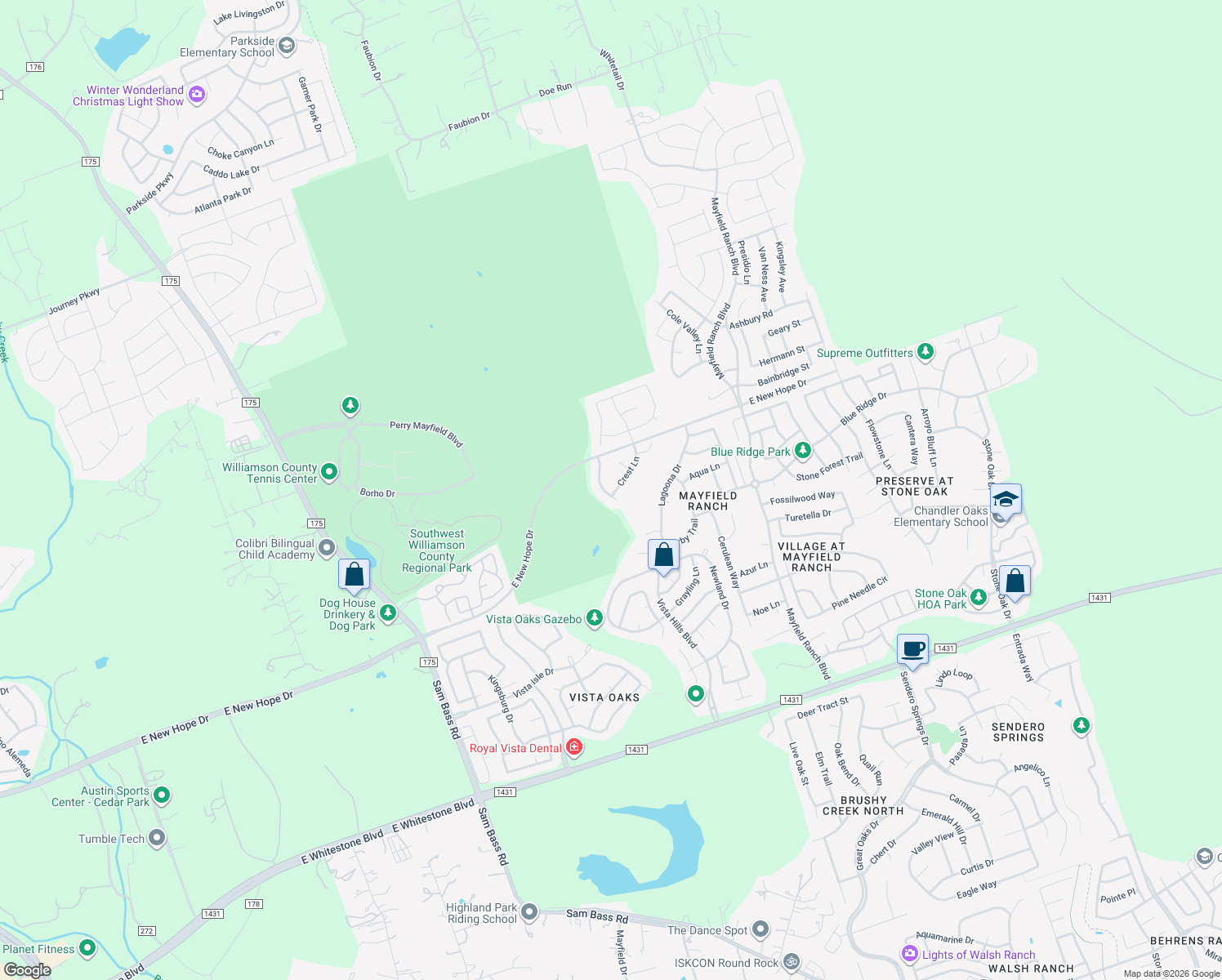 map of restaurants, bars, coffee shops, grocery stores, and more near 4103 Massey Way in Round Rock