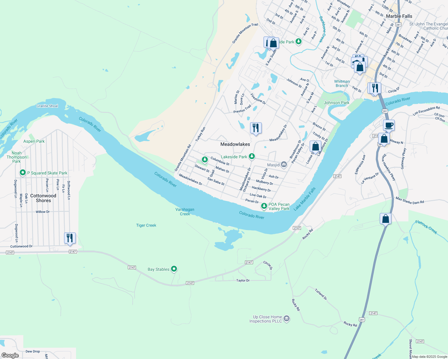 map of restaurants, bars, coffee shops, grocery stores, and more near 317 Stewart St in Meadowlakes
