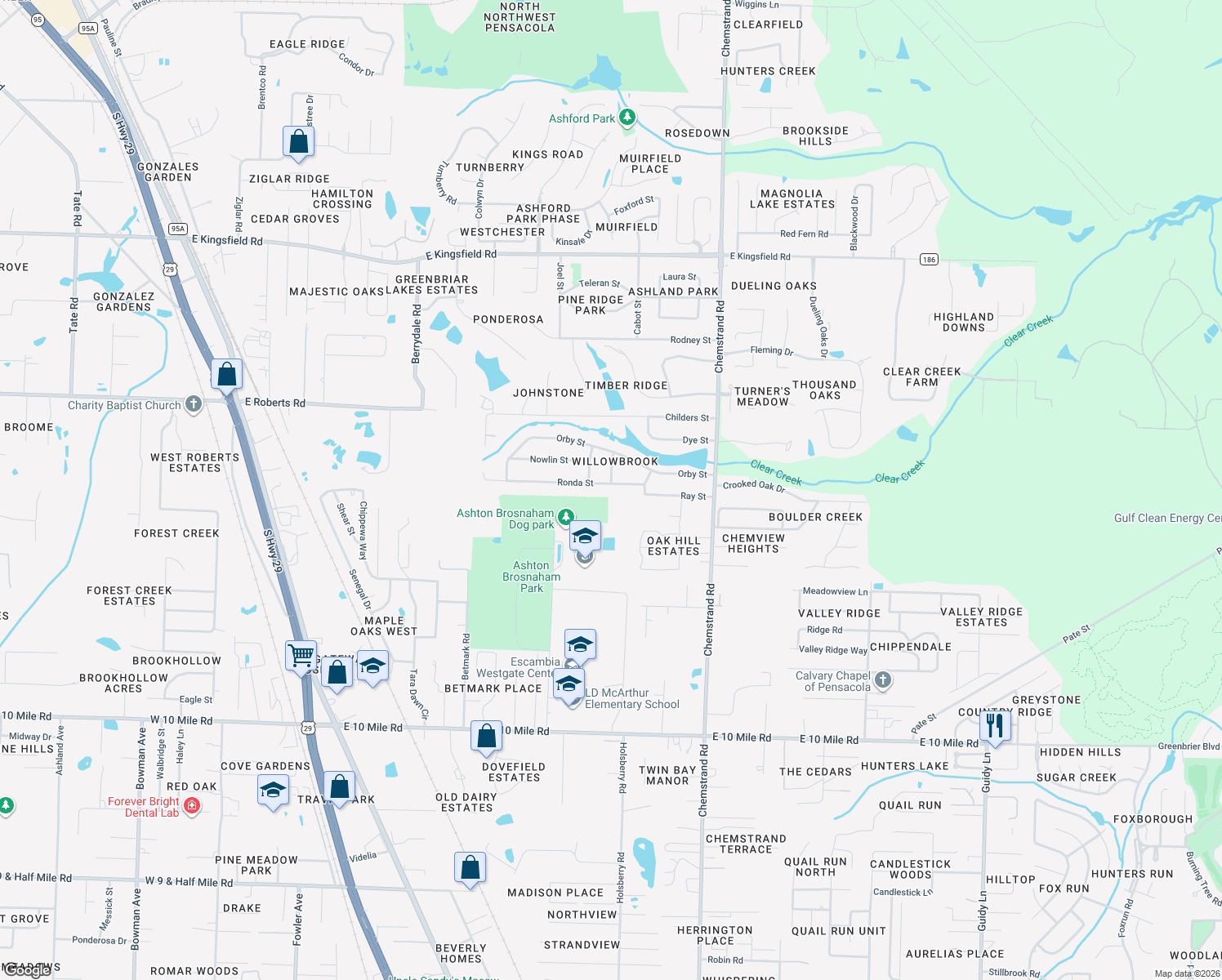 map of restaurants, bars, coffee shops, grocery stores, and more near 517 Ronda Street in Pensacola