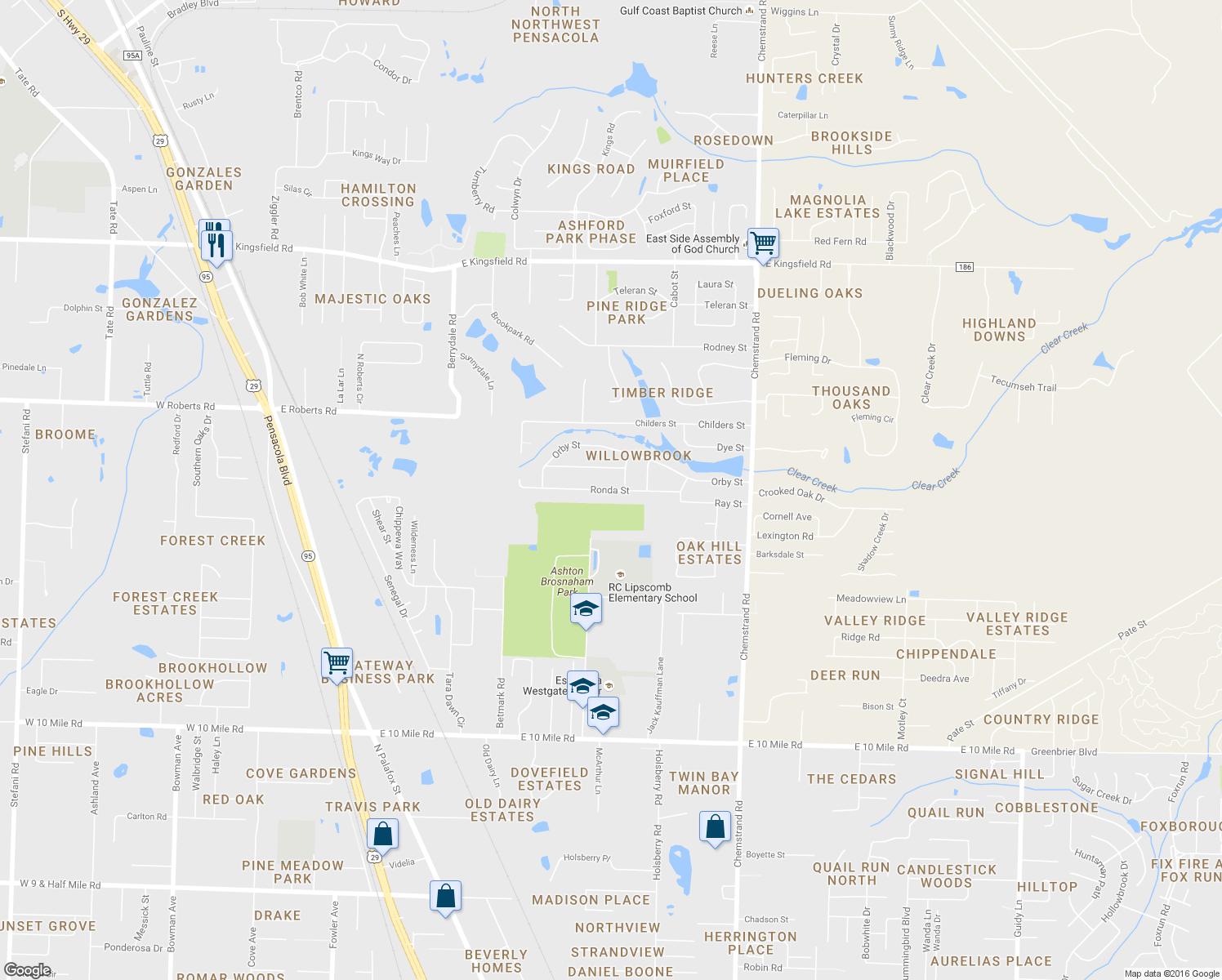 map of restaurants, bars, coffee shops, grocery stores, and more near 486 Ronda Street in Pensacola