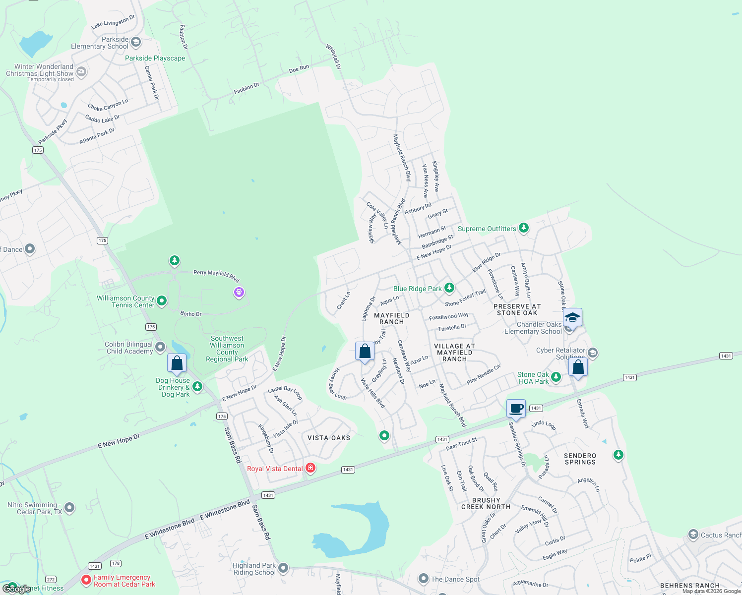 map of restaurants, bars, coffee shops, grocery stores, and more near 3832 Lagoona Drive in Round Rock