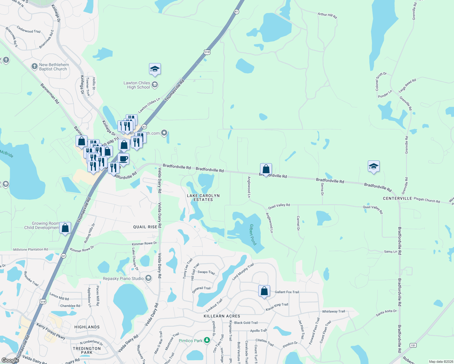 map of restaurants, bars, coffee shops, grocery stores, and more near 7582 Bowling Green Drive in Tallahassee