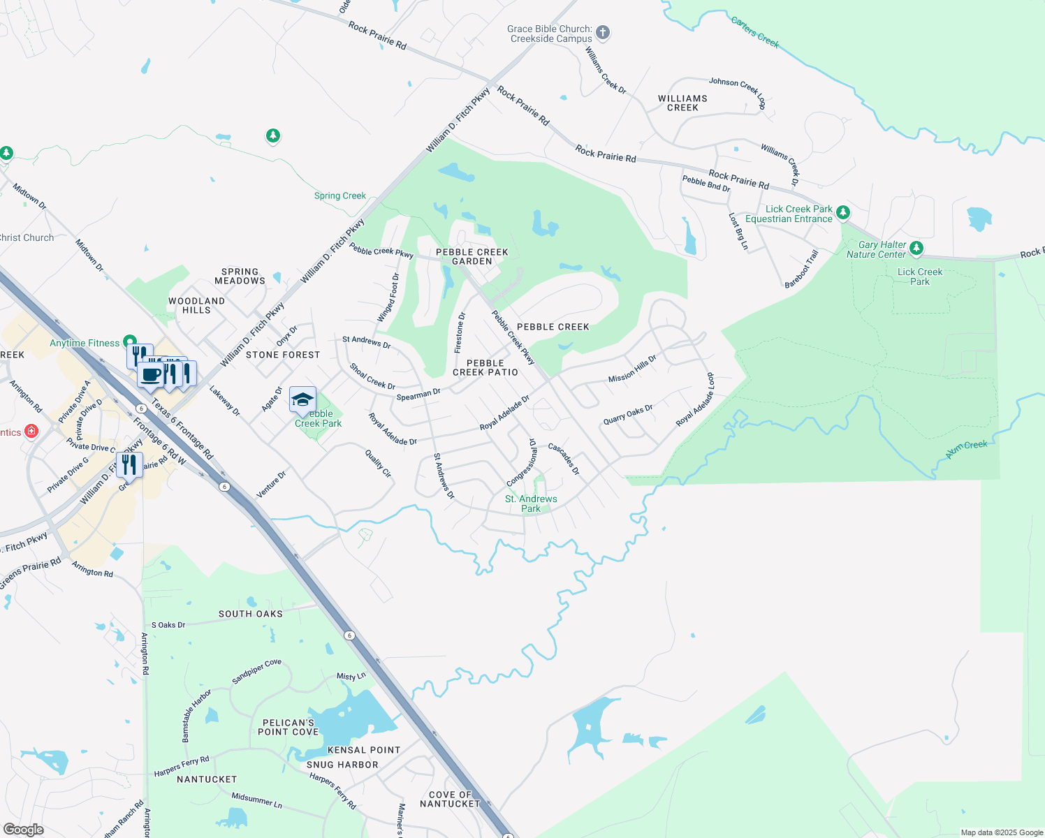 map of restaurants, bars, coffee shops, grocery stores, and more near 5105 Congressional Dr in College Station