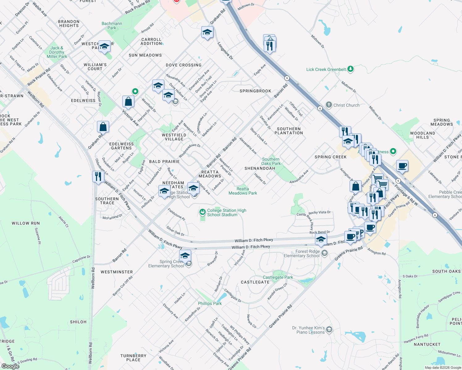 map of restaurants, bars, coffee shops, grocery stores, and more near 926 Barchetta Drive in College Station