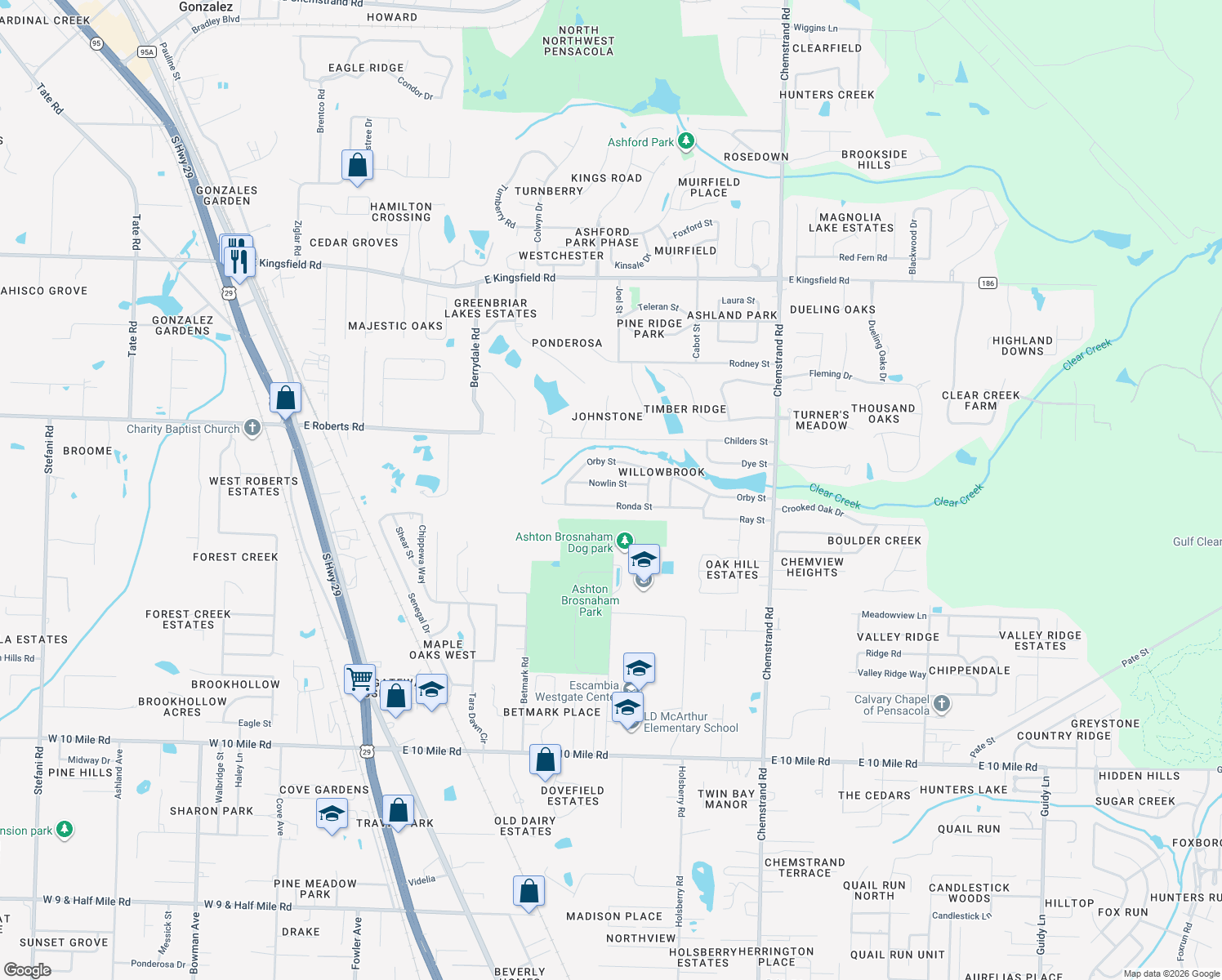 map of restaurants, bars, coffee shops, grocery stores, and more near 357 Nowlin Street in Pensacola