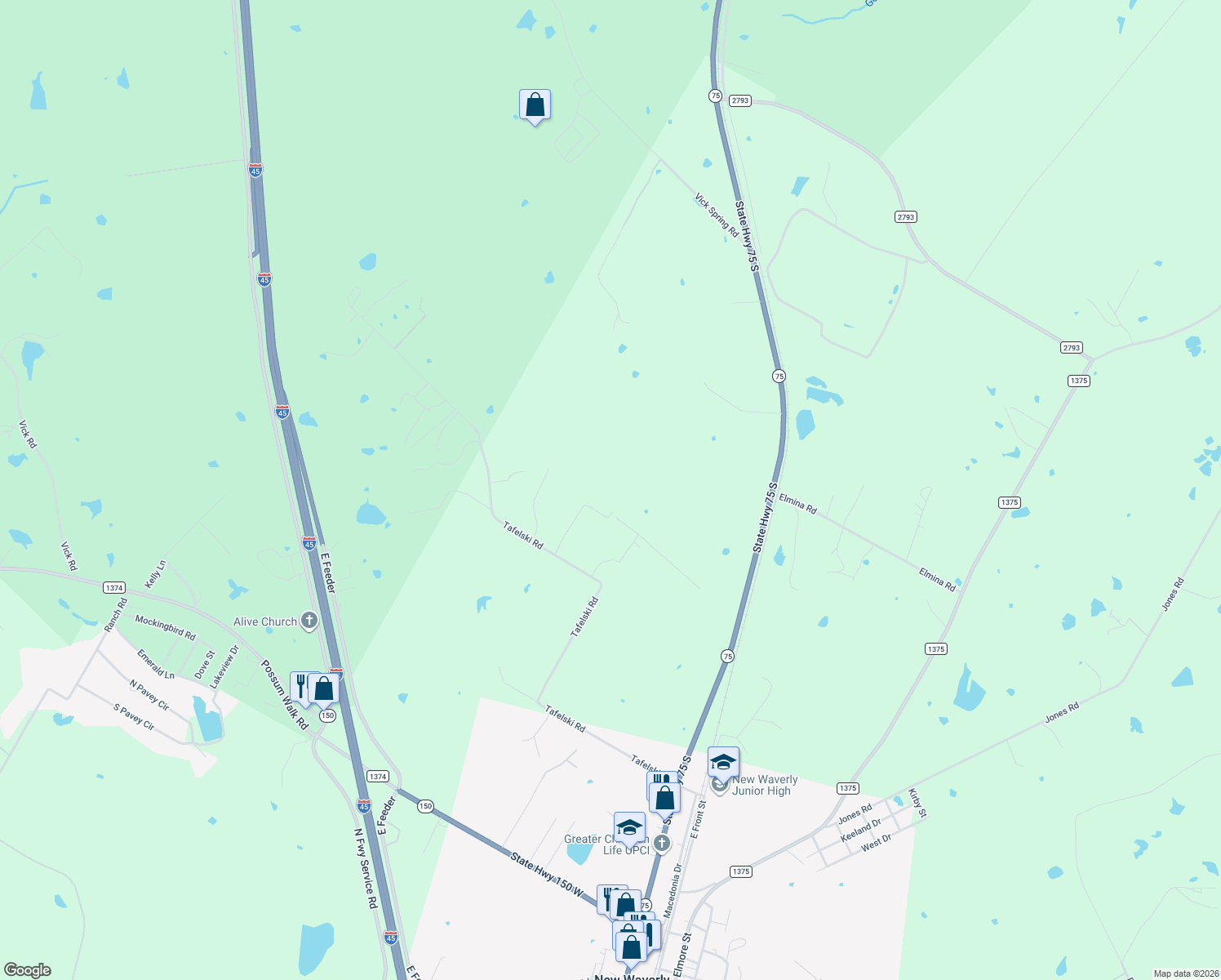 map of restaurants, bars, coffee shops, grocery stores, and more near 888 Tafelski Rd in New Waverly