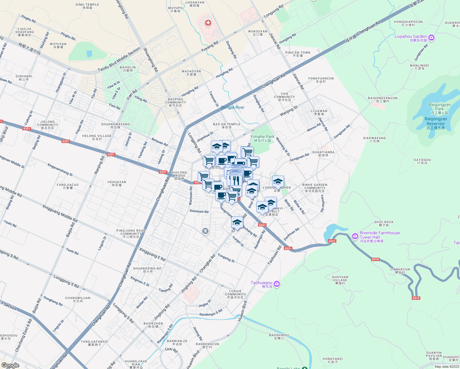 map of restaurants, bars, coffee shops, grocery stores, and more near Yi Du Dong Lu in Cheng Du Shi
