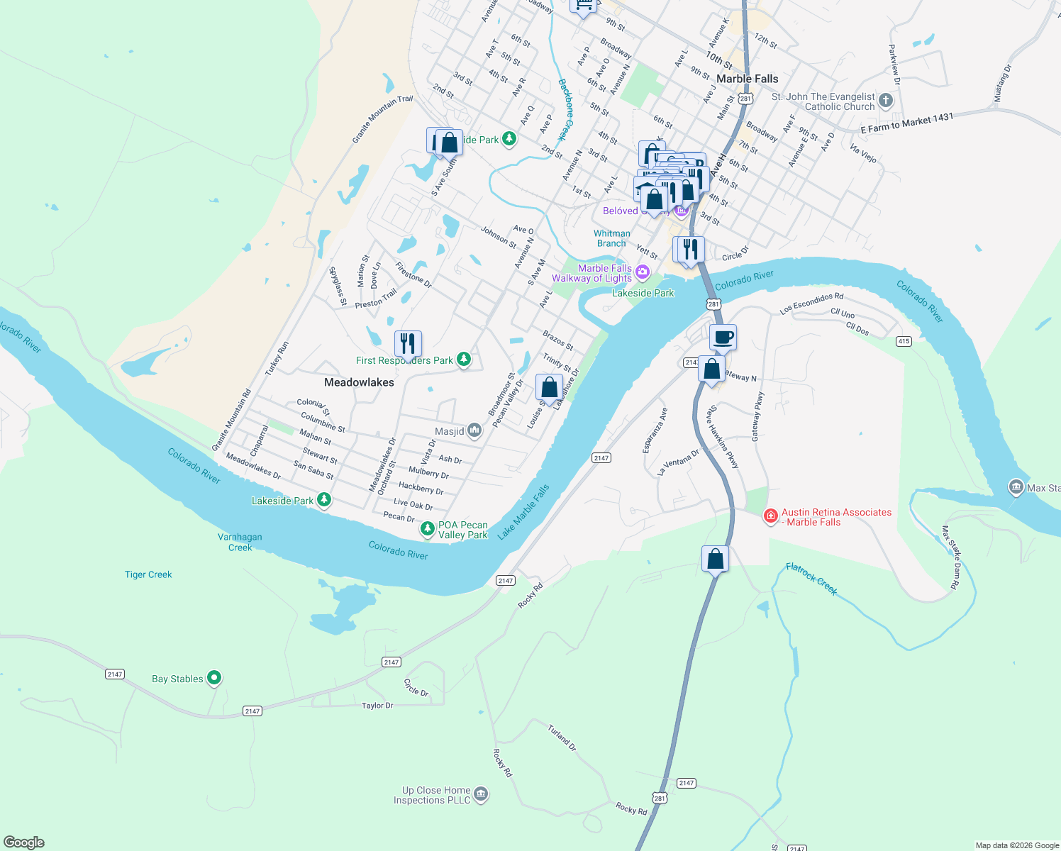 map of restaurants, bars, coffee shops, grocery stores, and more near 1105 Louise St in Marble Falls
