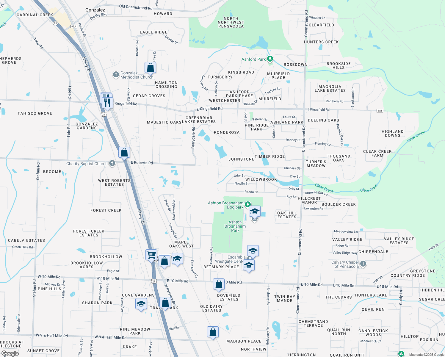 map of restaurants, bars, coffee shops, grocery stores, and more near 405 Glory Street in Pensacola