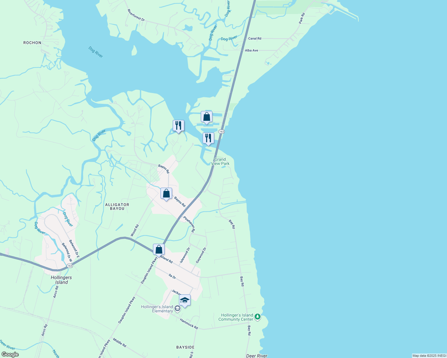 map of restaurants, bars, coffee shops, grocery stores, and more near N Bay Rd in Mobile