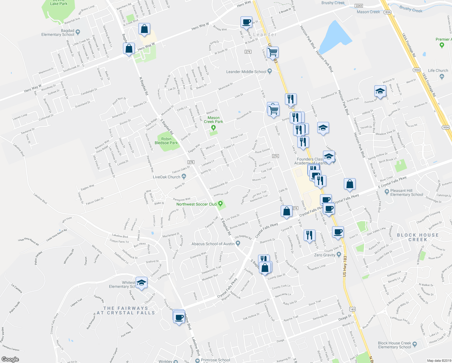 map of restaurants, bars, coffee shops, grocery stores, and more near 1108 Winecup Court in Leander