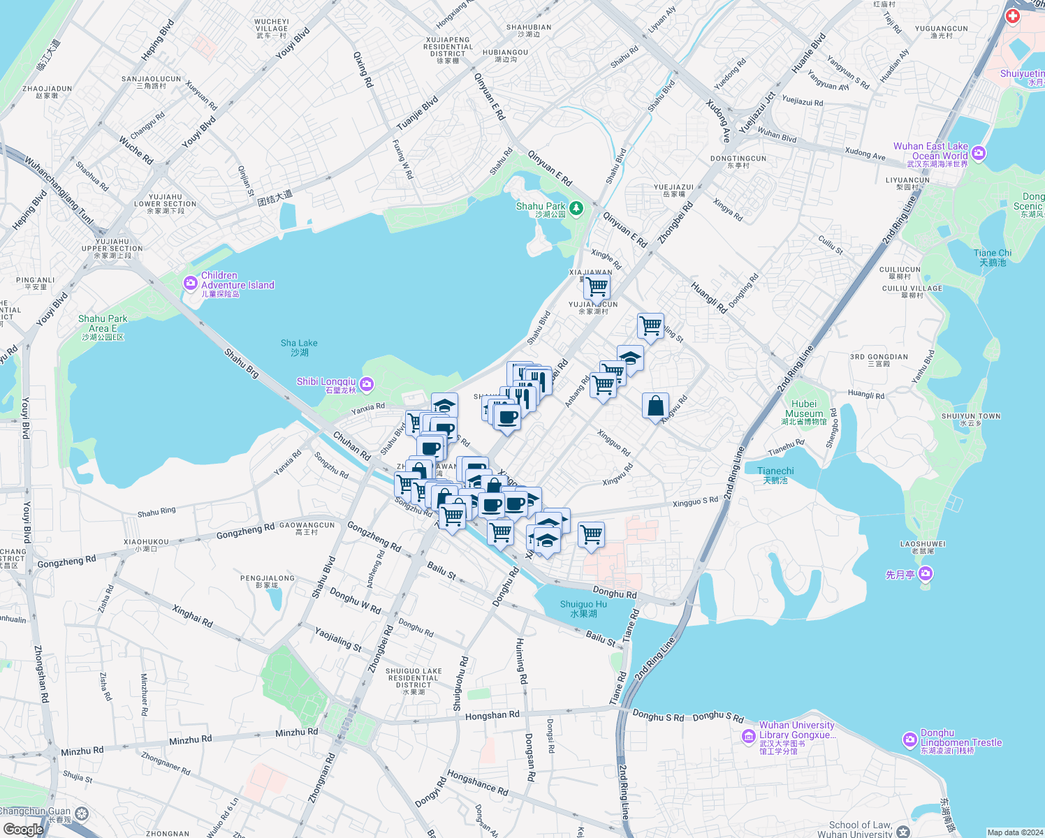 map of restaurants, bars, coffee shops, grocery stores, and more near Zhong Bei Lu in Wu Han Shi