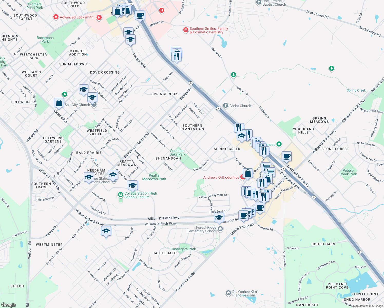 map of restaurants, bars, coffee shops, grocery stores, and more near 1443 Fincastle Loop in College Station