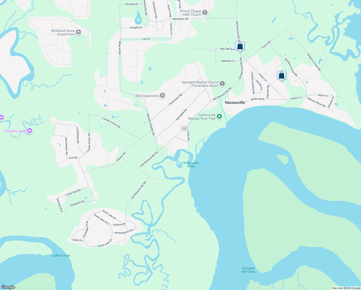 map of restaurants, bars, coffee shops, grocery stores, and more near 95068 Cook Road in Fernandina Beach