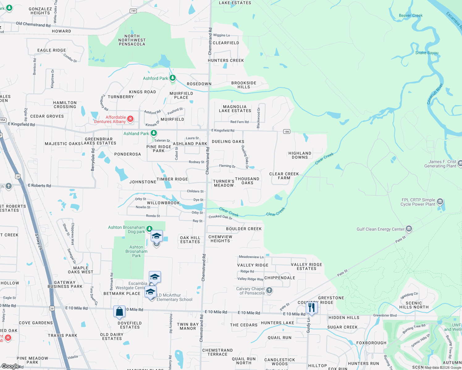 map of restaurants, bars, coffee shops, grocery stores, and more near 3111 Turners Meadow Road in Pensacola