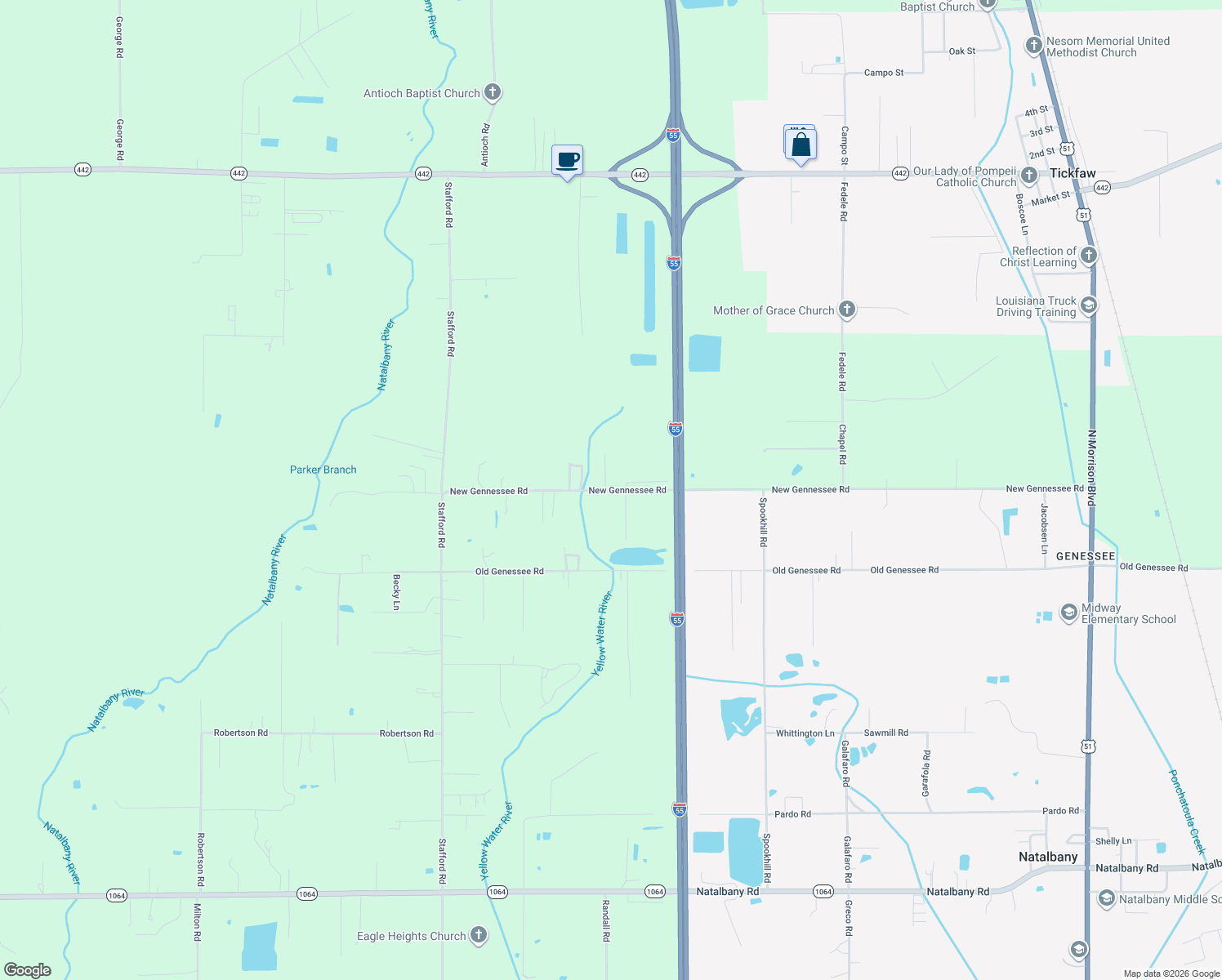 map of restaurants, bars, coffee shops, grocery stores, and more near 13282 New Gennessee Road in Tickfaw