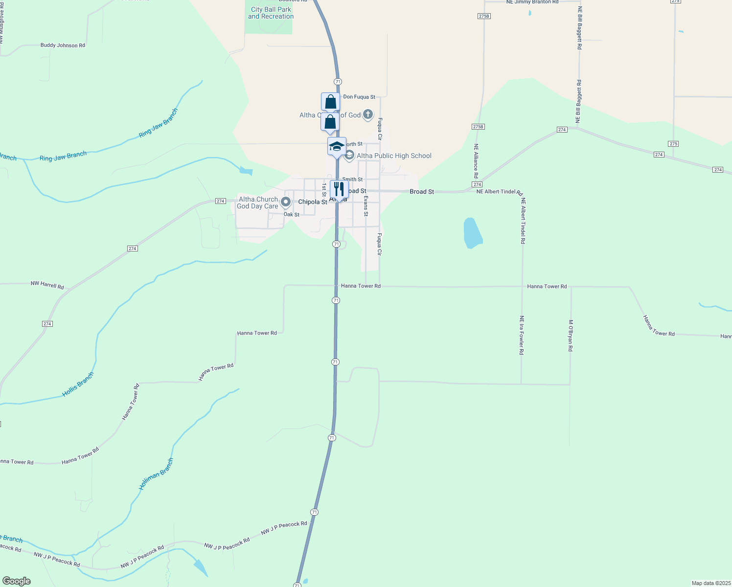 map of restaurants, bars, coffee shops, grocery stores, and more near 16553 Hanna Tower Road in Altha