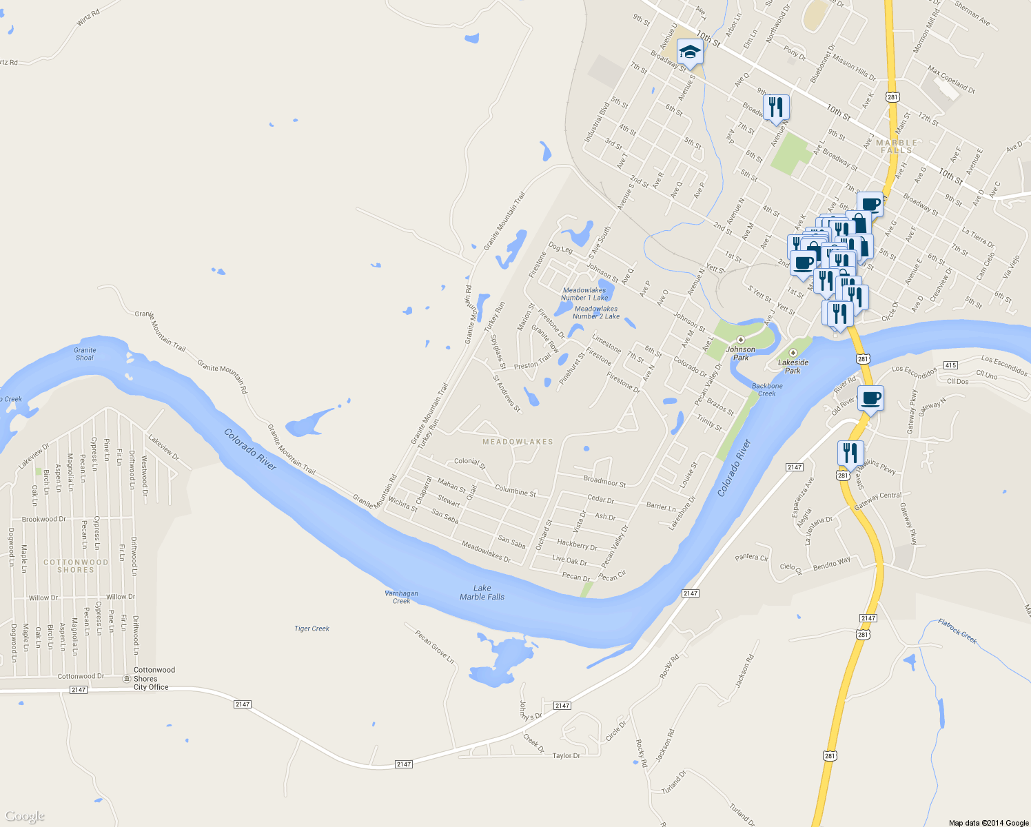 map of restaurants, bars, coffee shops, grocery stores, and more near 435 Saint Andrews Street in Meadowlakes
