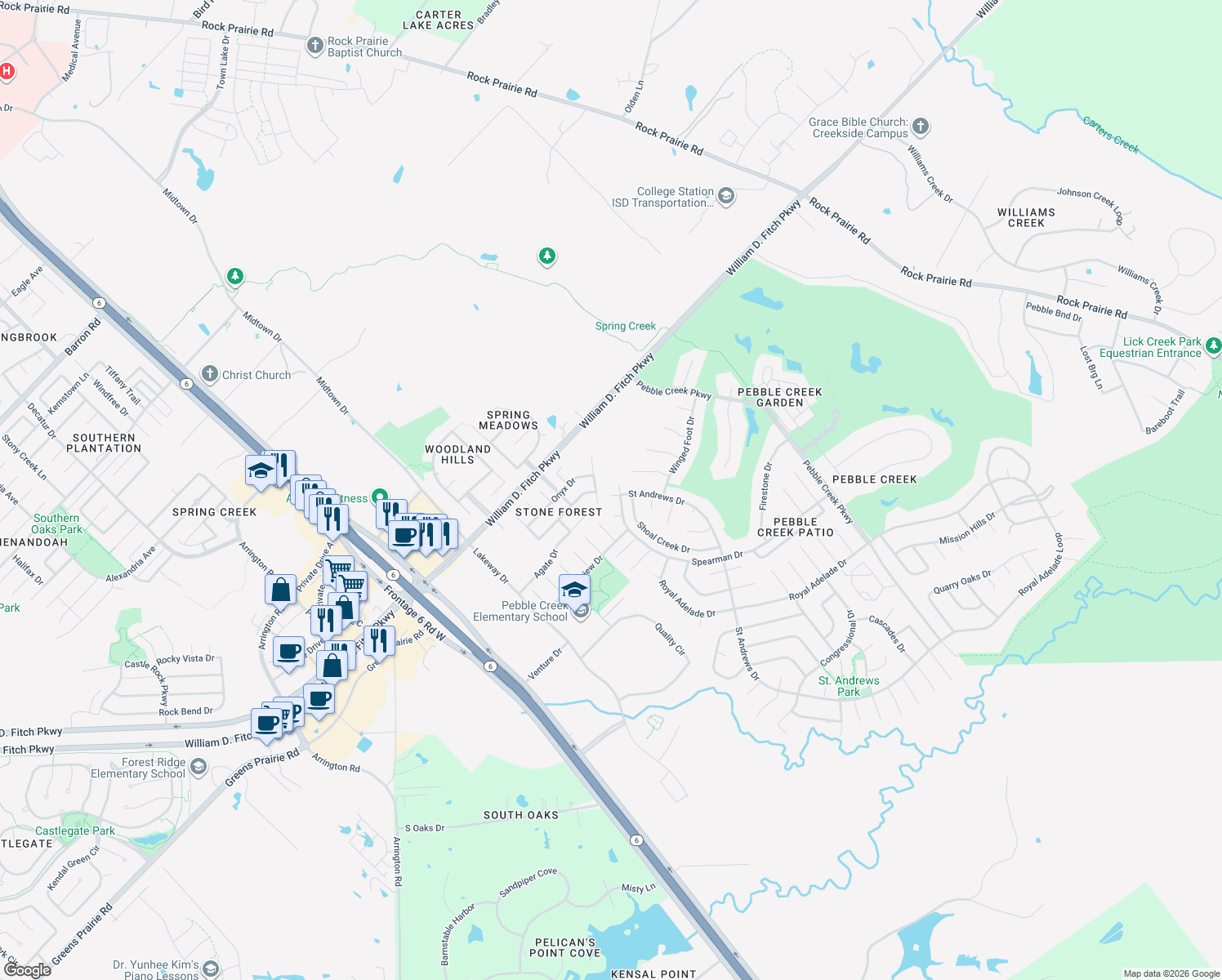 map of restaurants, bars, coffee shops, grocery stores, and more near 801 Fore Court in College Station