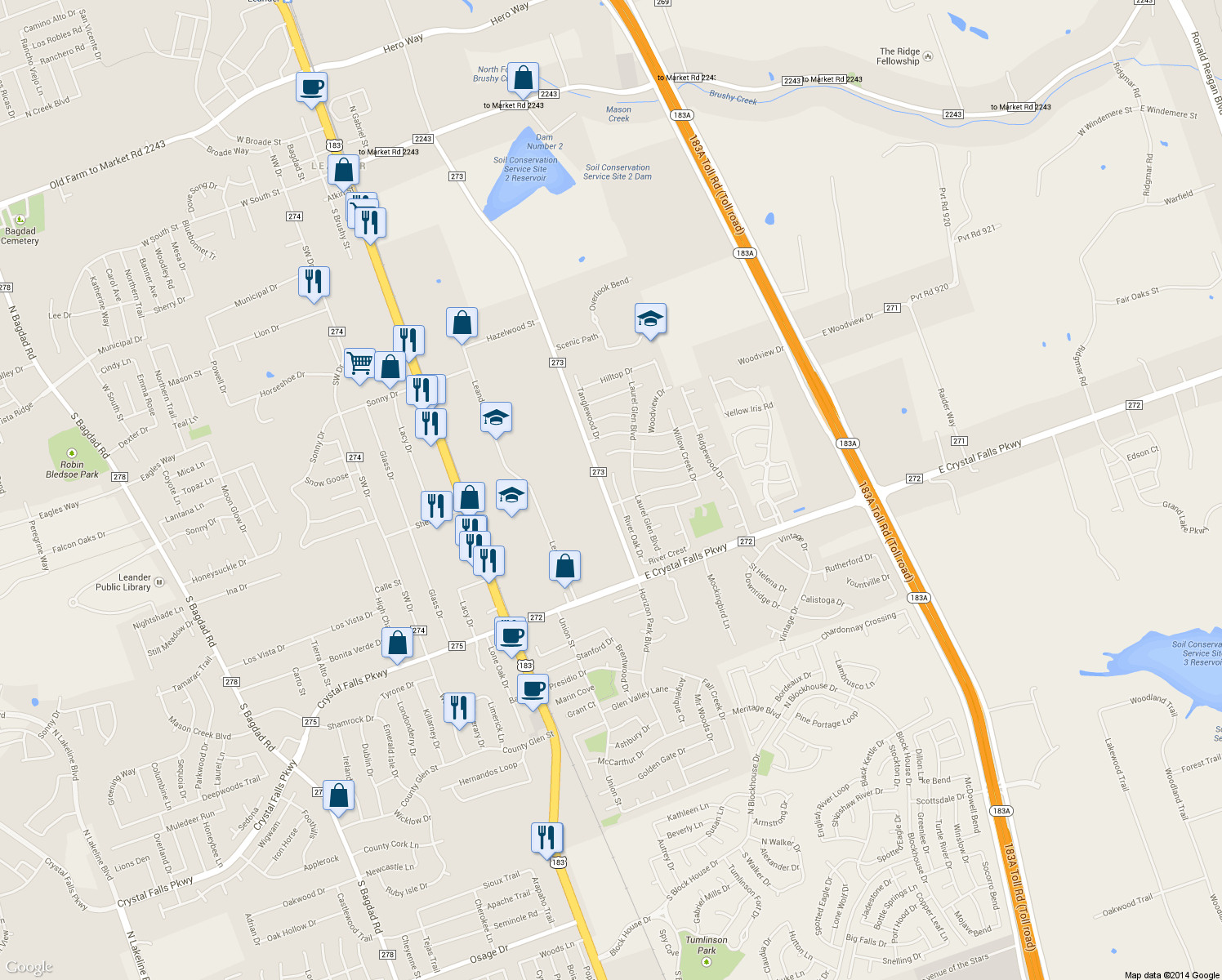 map of restaurants, bars, coffee shops, grocery stores, and more near 1303 River Oak Drive in Leander