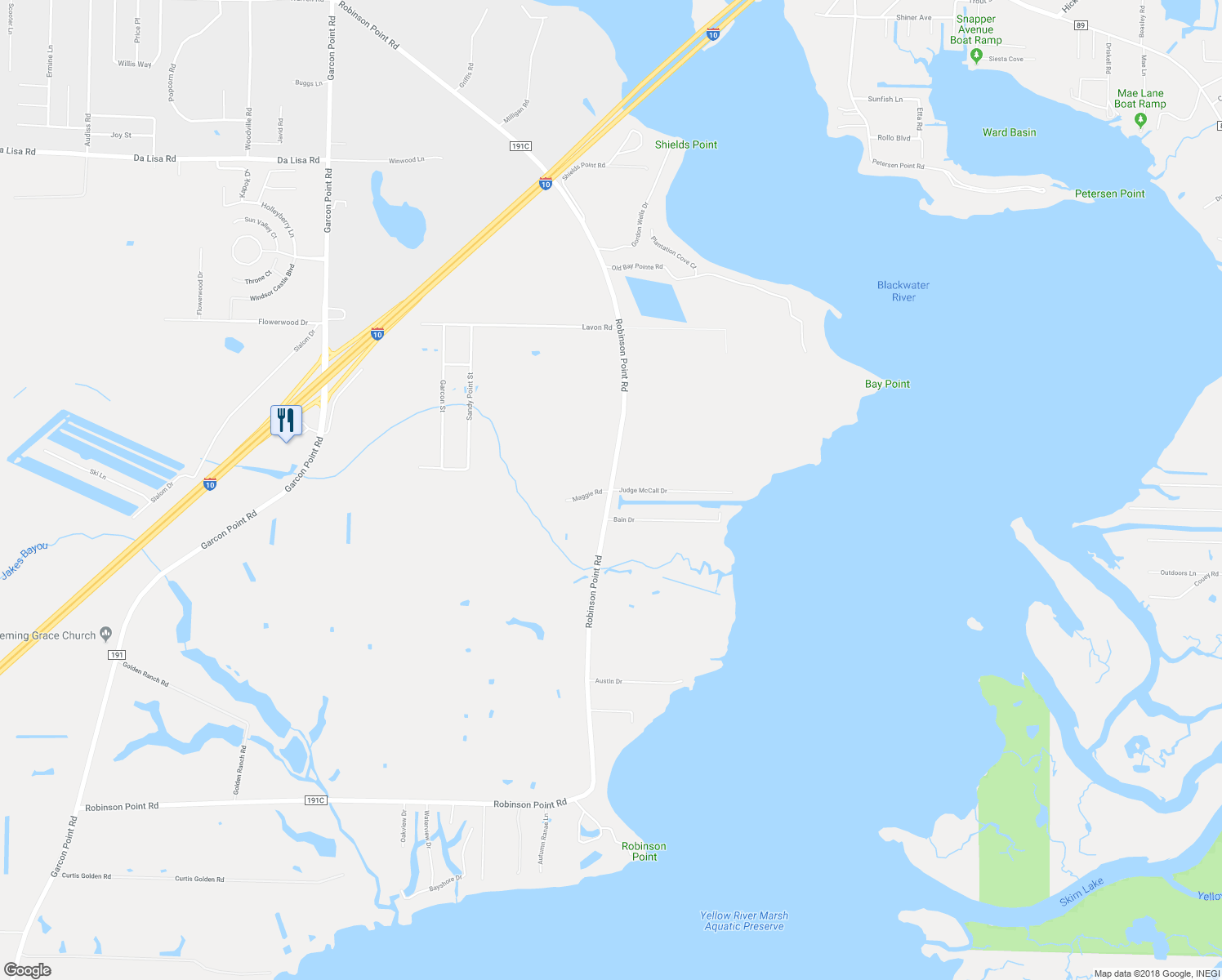 map of restaurants, bars, coffee shops, grocery stores, and more near Robinson Point Road in Milton