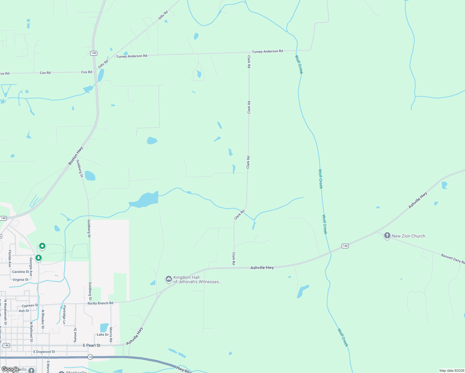 map of restaurants, bars, coffee shops, grocery stores, and more near 281 Whispering Hill in Monticello