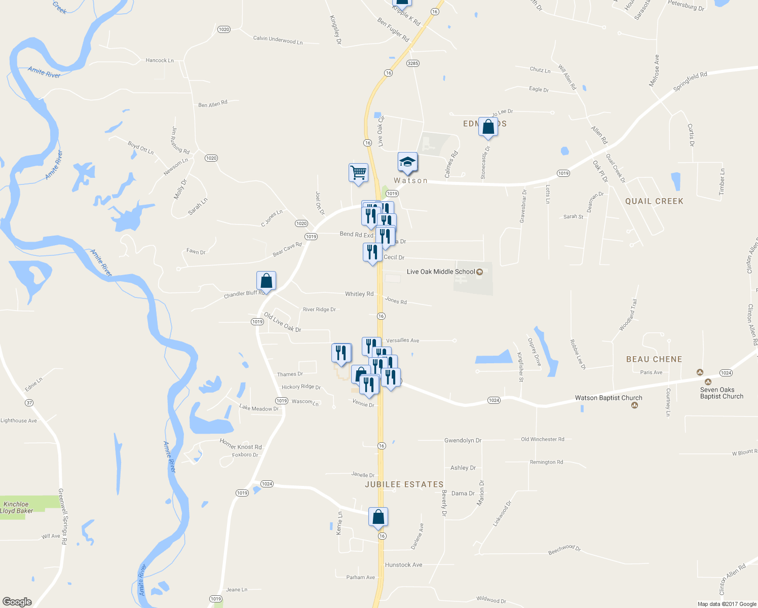 map of restaurants, bars, coffee shops, grocery stores, and more near 34287 Louisiana 16 in Denham Springs