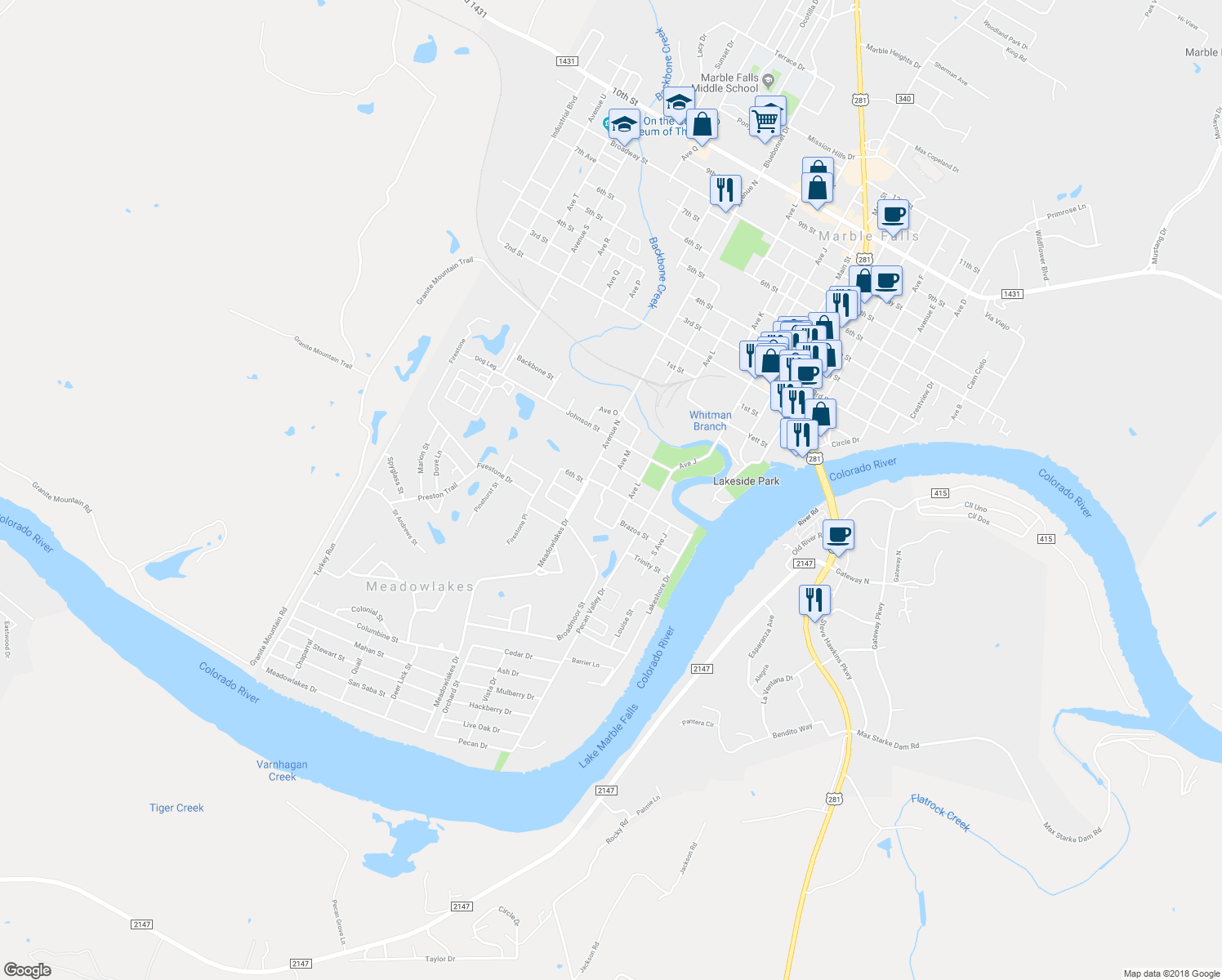 map of restaurants, bars, coffee shops, grocery stores, and more near 2104 Colorado Drive in Marble Falls