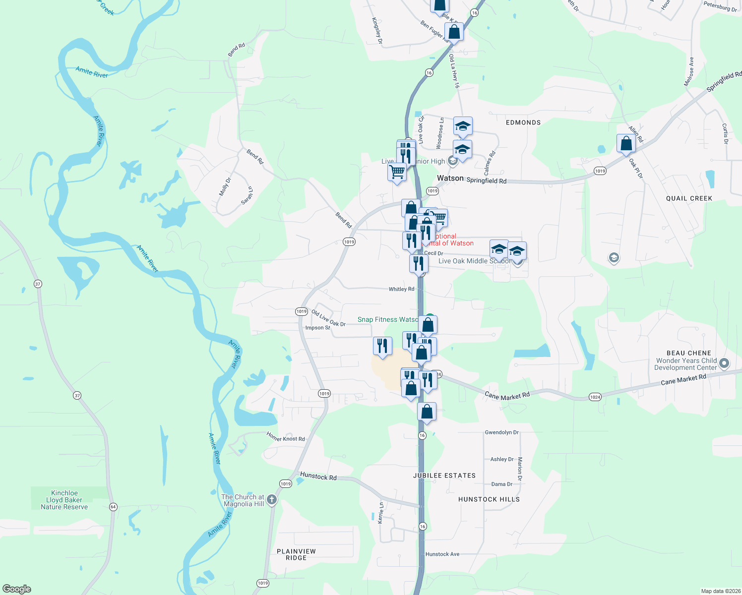 map of restaurants, bars, coffee shops, grocery stores, and more near 7715 River Ridge Drive in Denham Springs