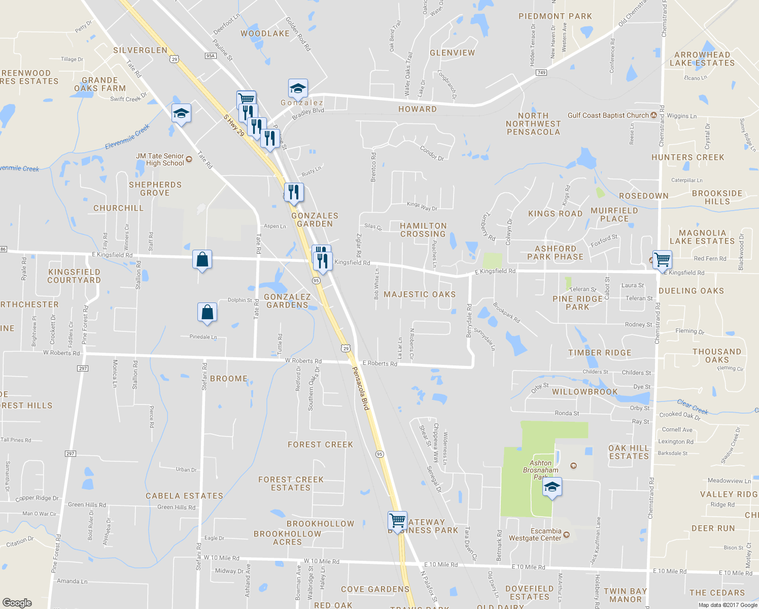 map of restaurants, bars, coffee shops, grocery stores, and more near 2334 Bob White Lane in Pensacola