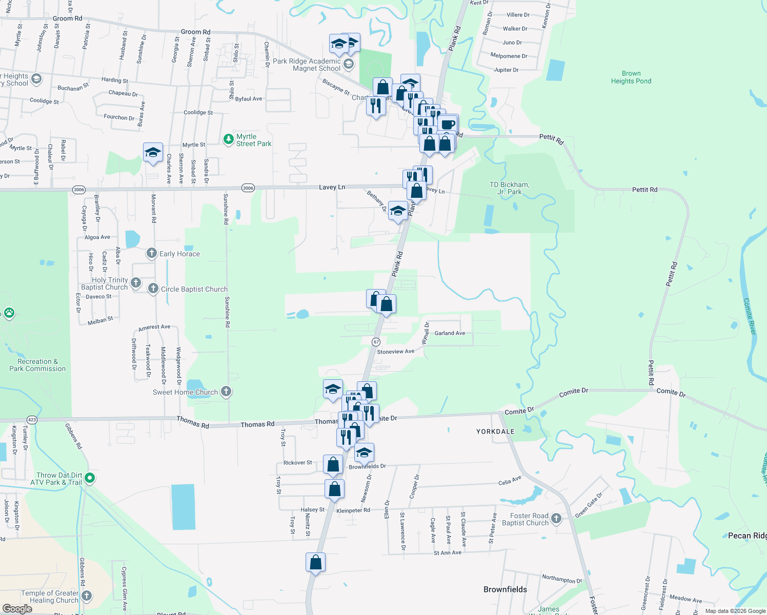 map of restaurants, bars, coffee shops, grocery stores, and more near 13111 Plank Road in Baker